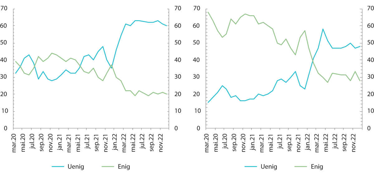 Figur 2.18 Spørreundersøkelse om bekymring for at noen i familien ble smittet (venstre figur) og bekymring for selv å bli smittet (høyre figur).