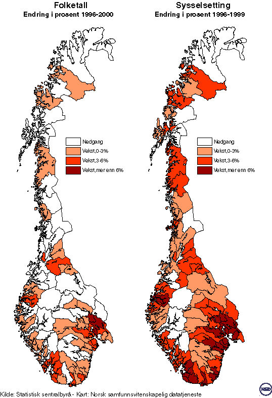 Figur 2-1 Vekst i befolkning og arbeidsplasser fordelt på økonomiske regioner i perioden 1996 til 2000