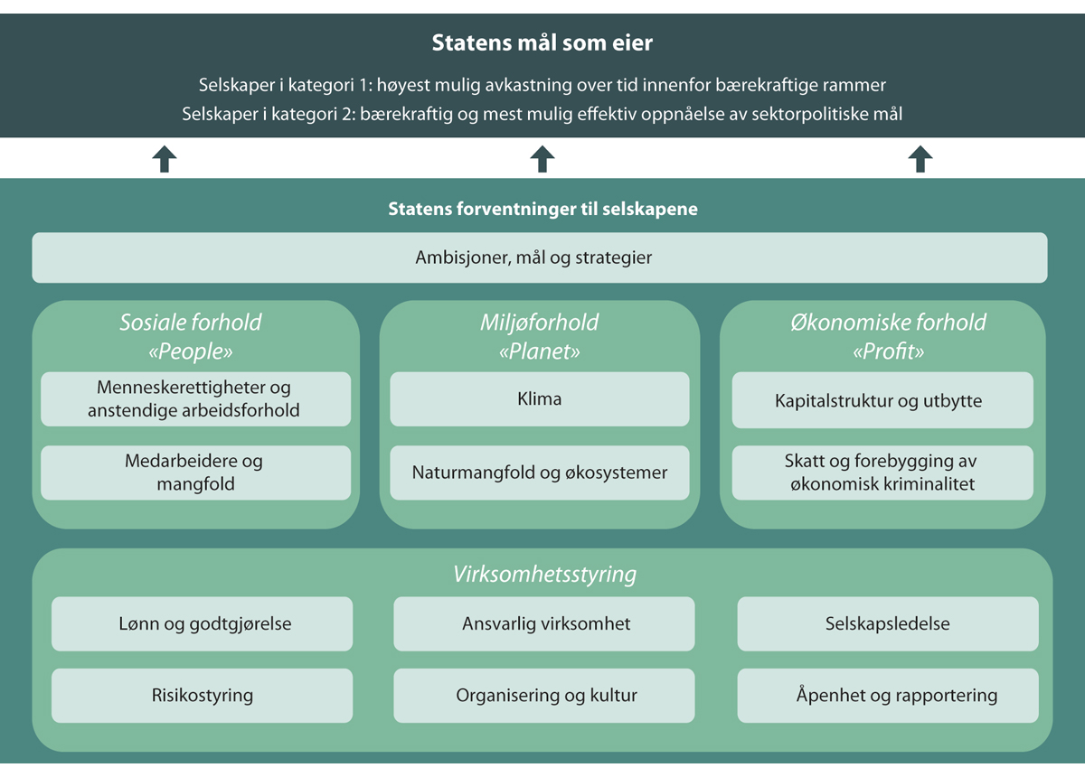 Figur 11.1 Statens forventninger til selskapene strukturert i henhold til økonomiske, sosiale og miljømessige forhold samt virksomhetsstyring.
