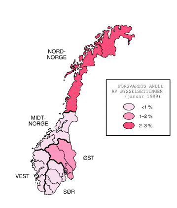 Figur 1-20 Forsvarets andel av sysselsettingen i de såkalte ”helseregionene” (1999). Tallene omfatter ikke ansatte i Forsvarsdepartementet, Forsvarets etterretningstjeneste, Forsvarets forskningsinstitutt, Forsvarets boligtjeneste og Forsvarets bygningstjeneste...