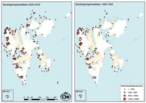 Figur 10.2 Utviklingen i antall ilandstigningslokaliteter for cruisefartøy
med angivelse av antall i landsatte personer i perioden 2000–2003
sammenlignet med perioden 1996–1999. Antall lokaliteter øker jevnt
og det ses en større spredning av lokalitetene ...