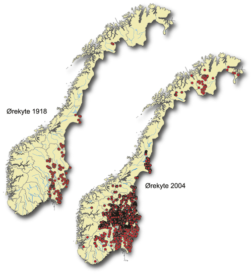 Figur 3.4 Spredning av ørekyte i perioden 1918–2004.