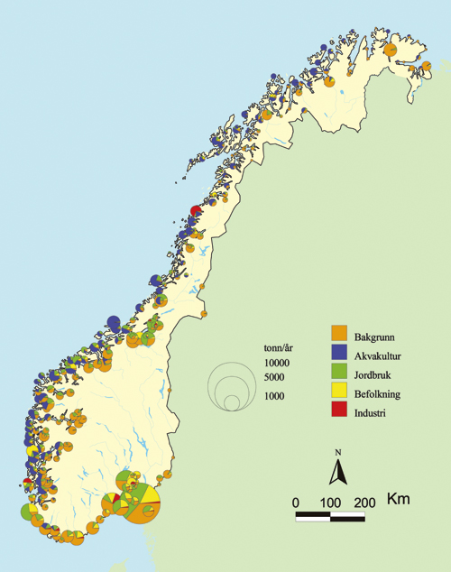 Figur 6.2 Beregnede fosfortilførsler til kystområder
i 2003. Relativt forhold mellom de ulike fosforkildene pr. vassdragsområde.