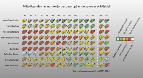 Figur 7.2 Miljøgifter i blåskjell langs norskekysten.
I 2002 ble beregningsmåten for indeksen endret for å gjøre
indeksen bedre. Den nye indeksen omfatter både flere miljøgifter
og flere målestasjoner enn den gamle. Dataene for 2002
og 2003 er derfor i...