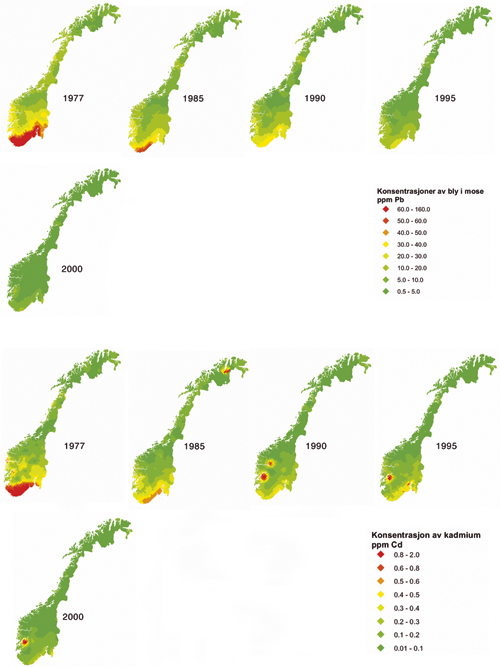 Figur 7.3 Bly og kadmium i mose i Norge. På kartene er konsentrasjonene
av bly og kadmium på et stort antall målestasjoner
tegnet inn. Dette er en god indikator på utviklingen i
mengden av kjemikalier som tilføres Norge etter å ha
blitt sluppet ut i an...