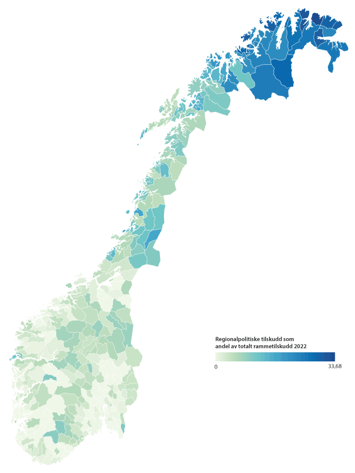 Figur 11.1 Regionalpolitiske tilskudd som andel av totalt rammetilskudd i 2022, i statsbudsjettet 2022 (prosent).