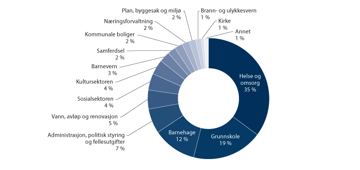 Figur 4.1 Kommunenes brutto driftsutgifter 2021 fordelt på tjenesteområder/funksjoner.