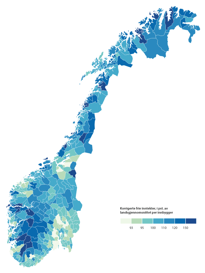 Figur 4.5 Korrigerte frie inntekter inkl. eiendomsskatt, konsesjonskraft- og hjemfallsinntekter og inntekter fra havbruksfond 2020.