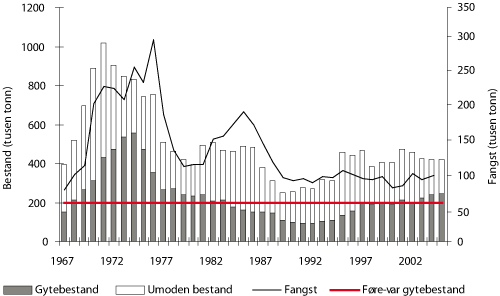 Figur 4.9 Utviklinga i bestand og fangst av sei i Nordsjøen og vest av Skottland. Tala for 2005 og 2006 er prognosar