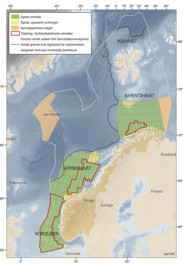 Figur 3.1 Åpne og uåpnede områder på norsk sokkel, antatt maksimalutbredelse av sedimentære bergarter, kun for illustrasjonsformål.
