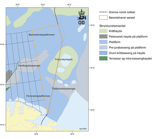 Figur 5.1 Oversikt over geologiske strukturelementer i sørøstlige del av Barentshavet.