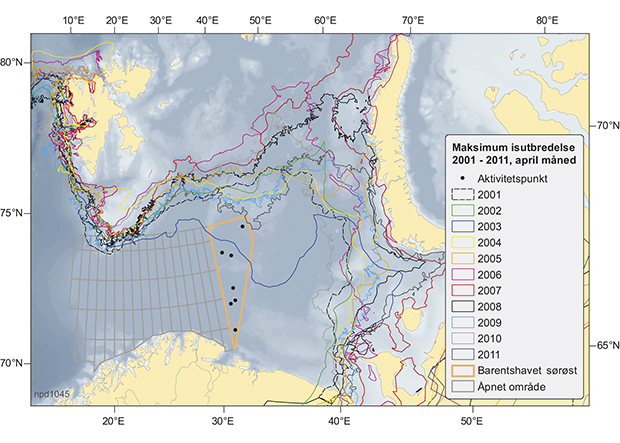 Figur 6.1 Maksimal isutbredelse for april måned, periode 2001–2011.
