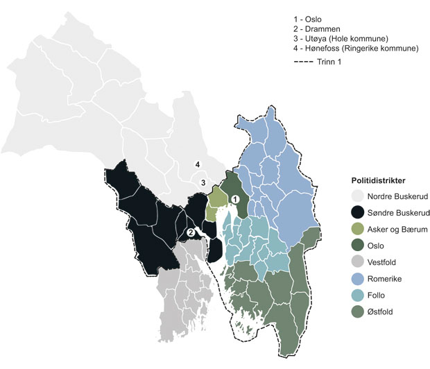 Figur 13.1 Kart over Nødnett-dekning for de berørte politidistriktene.