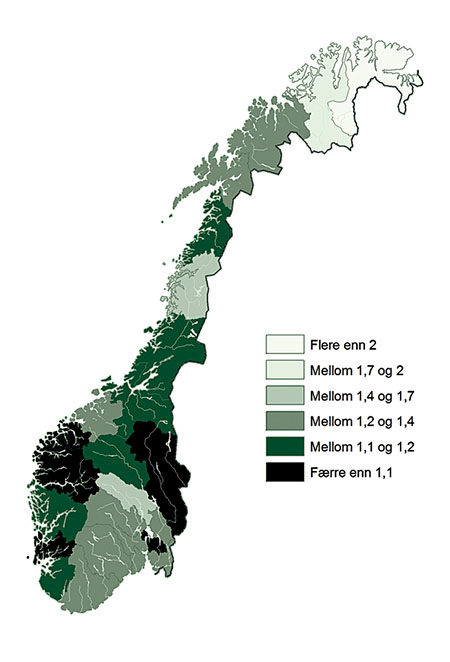 Figur 14.2 Politidistrikt og antall politi per tusen innbyggere.