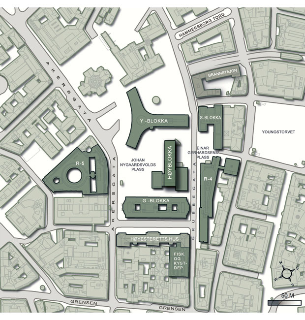 Figur 18.1 Kart over regjeringskvartalet og området rundt.