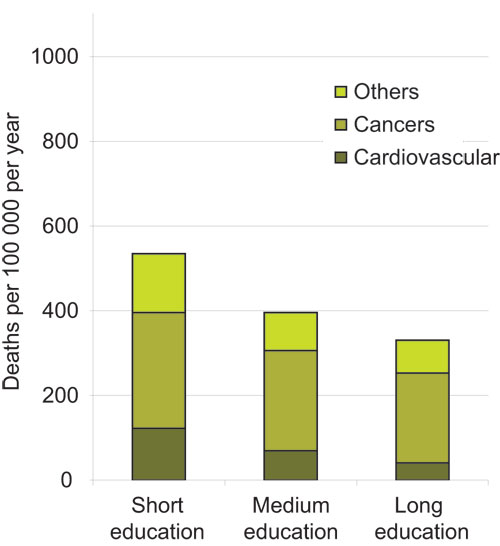 Figure 2.5 Cause-specific mortality by education, women 45–59
(1990–97).
