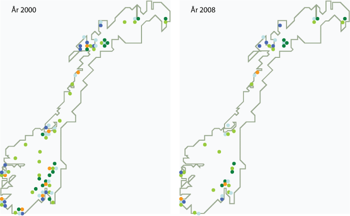 Figur 2.5 Lokalisering av forsvarsgrenene, Heimevernet og Forsvarets ledelse i henholdsvis år 2000 og 2008.