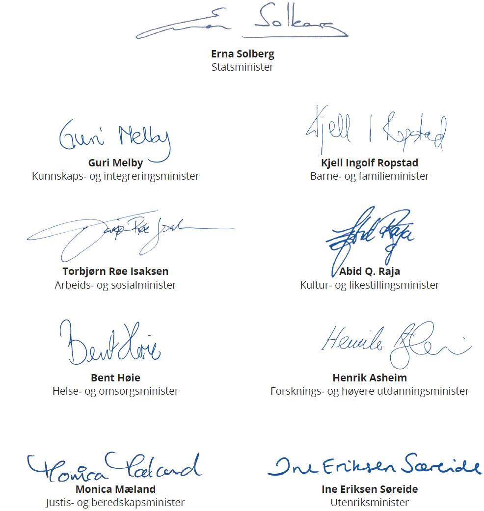Signaturer fra Erna Solber (Statsminister), Guri Melby (Kunnskaps- og integreringsminister), Kjell Ingolf Ropstad (Barne- og familieminister), Torbjørn Røe Isaksen (Arbeids- og sosialminister), Abid Q. Raja (Kultur- og likestillingsminister), Bent Høie (Helse- og omsorgsminister), Henrik Asheim (Forsknings- og høyere utdanningsminister), Monica Mæland (Justis- og beredskapsminister) og Ine Eriksen Søreide (Utenriksminister)