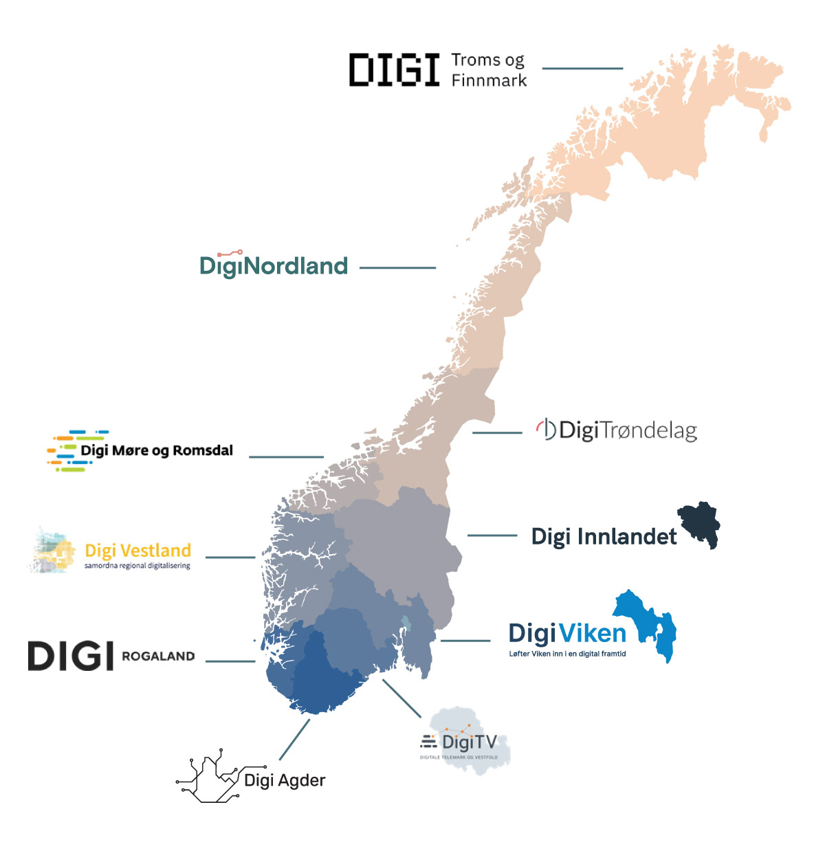 Figur 3.1 Regionale digitaliseringsnettverk per desember 2022