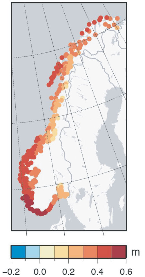 Figur 3.13 Forventet havnivåstigning i et høyutslippsscenario (RCP 8.5)