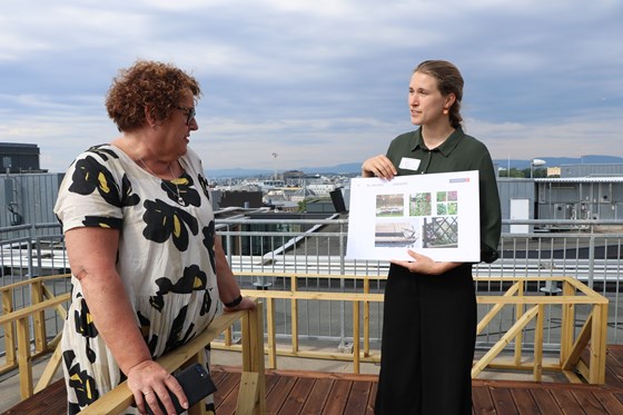 Arkitekt Betina Øvstaas Amundsen frå Landskaperiet teiknar og forklarer til landbruks- og matminister Olaug V. Bollestad om alt som skal plantast og vekse på taket til Landbruks- og matdepartementet.
