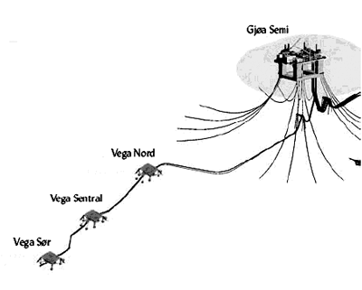 Figur 2.4 Installasjonar på havbotnen og røyr for Vega
og Vega sør