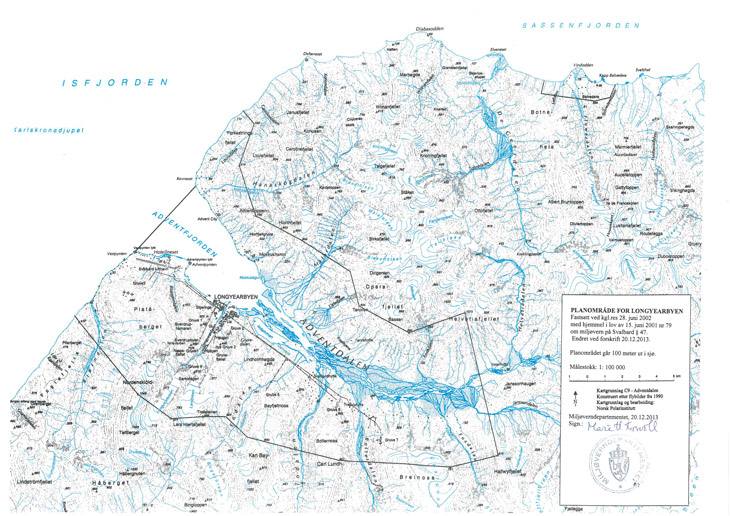 Figur 4.1 Planområde for Longyearbyen, jf. vedlegg til forskrift 28. juni 2002 nr. 650 om konsekvensutredninger og avgrensning av planområdene på Svalbard
