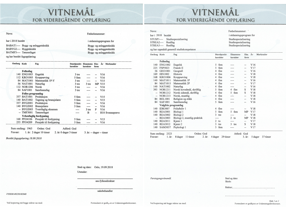 Figur 5.10 Eksempel på vitnemål for yrkesfag, utdanningsprogram for bygg- og anleggsteknikk og eksempel på vitnemål for studieforberedende, utdanningsprogram for studiespesialisering.