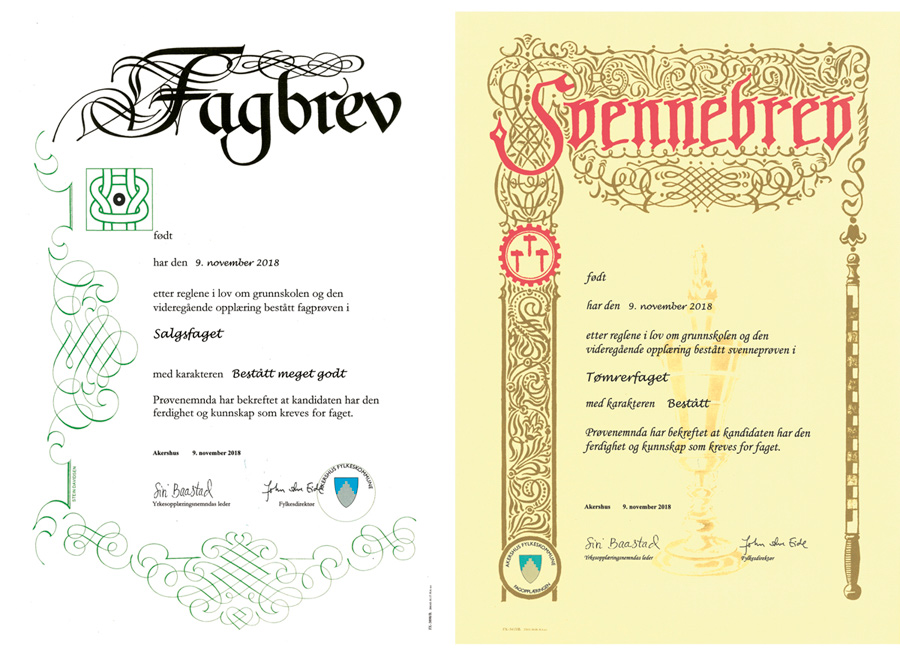 Figur 5.11 Eksempel på fagbrev, salgsfaget og eksempel på svennebrev, tømrerfaget.