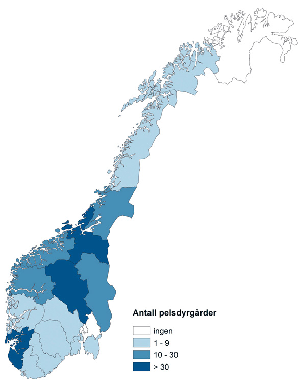 Figur 3.2 Geografisk fordeling av pelsdyrgårder pr. fylke pr. 1. januar 2016