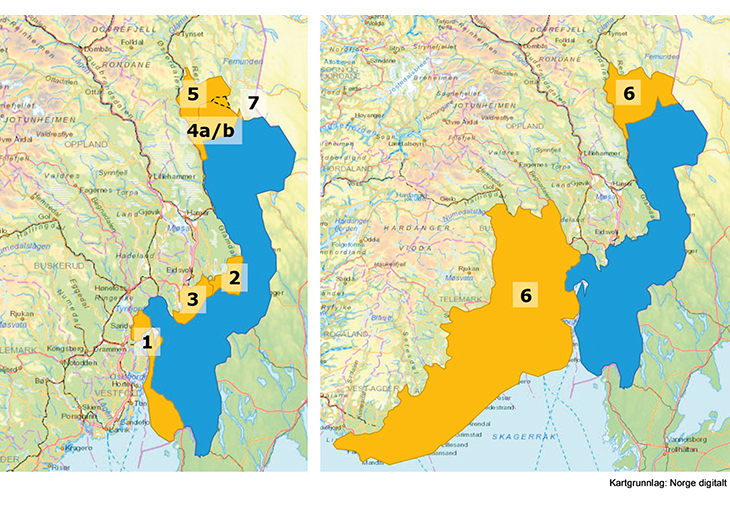 Figur 13.1 Kart med alternative avgrensninger til den fremtidige ulvesonen. Område 1, 2, 3 og 7 er områder som er vurdert tatt ut av dagens ulvesone, mens område 4, 5 og 6 er områder som er vurdert lagt til. Område 4 har to alternative avgrensninger – 4a (inklu...