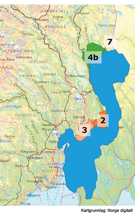 Figur 13.3 Modell 3: område 2, 3 og 7 er foreslått tatt ut, mens område 4b er foreslått lagt til.
