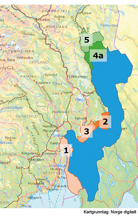 Figur 13.4 Modell 4: Område 1, 2 og 3 er foreslått tatt ut, mens område 4a og 5 er foreslått lagt til.
