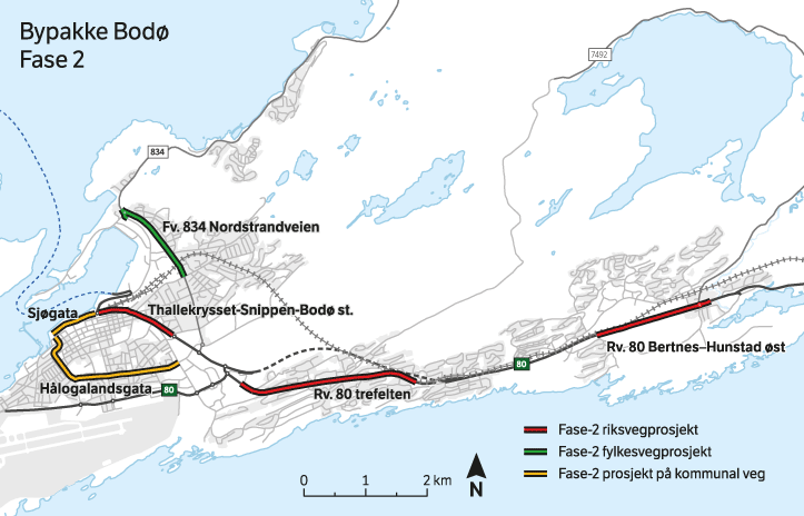 Figur 3.1 Prosjektoversikt – opphavleg Bypakke Bodø og prosjekt i fase 2