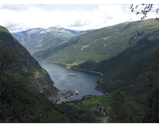 Figur 5.19 Flåm i Aurlandsfjorden mottar rundt en halv mill. turister hvert år. Naturen er svært viktig for norsk reiseliv.