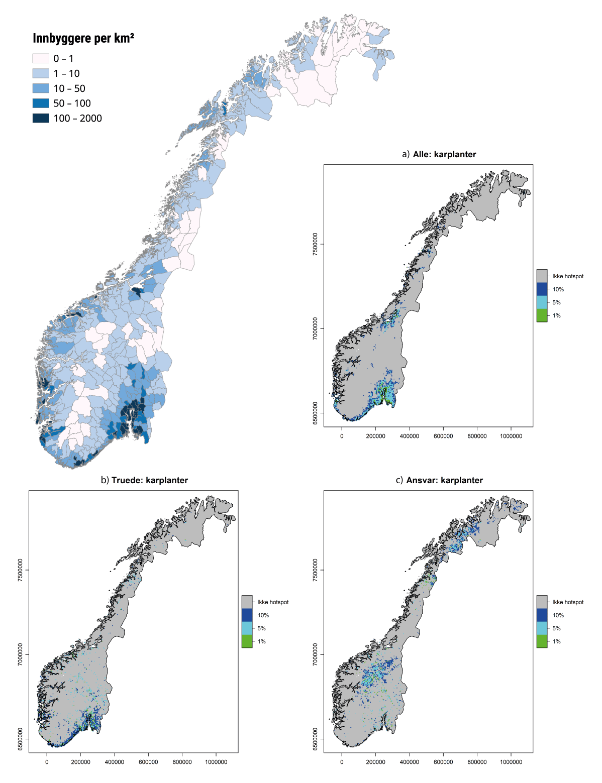 Figur 3.1 Befolkningstetthet i Norge og fordeling av karplanter