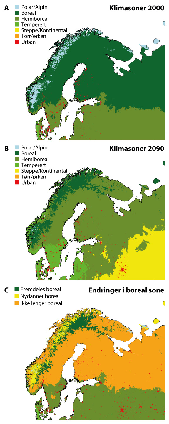 Figur 6.16 Endring i boreal klimasone ved fortsatt høye klimagassutslipp