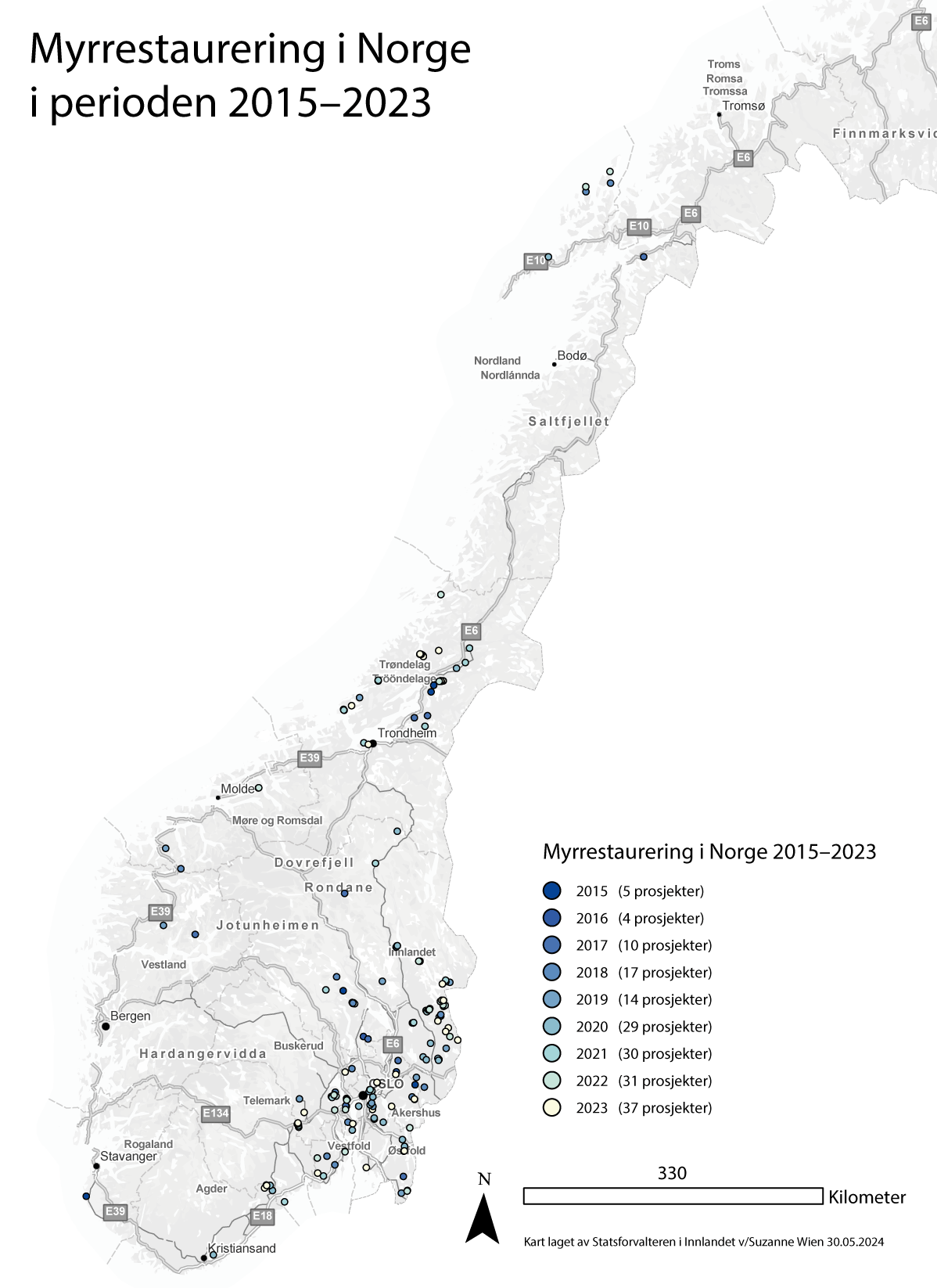 Figur 6.2 Myrrestaurering i Norge 2015–2023