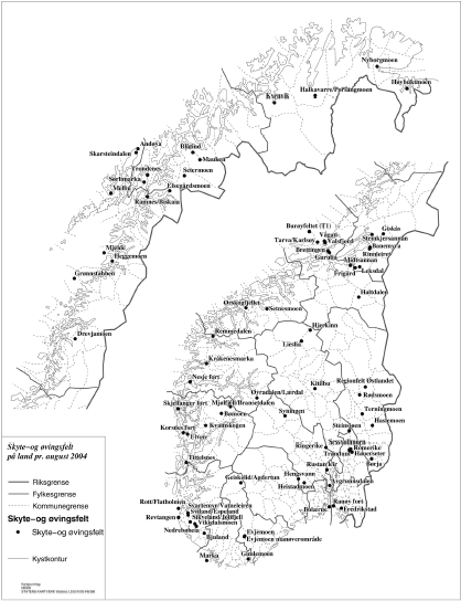 Figur 6.1 Skyte- og øvingsfelt på land pr. august 2004