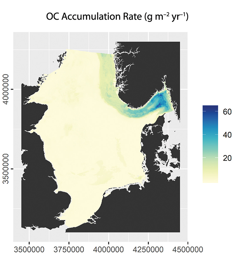 Figure 2.12 Estimated annual organic carbon accumulation rate in sediments in the North Sea and Skagerrak. The accumulation rate is highest in the Norwegian Trough, but there are uncertainties associated with the modelled figures for accumulation of carbon in th...
