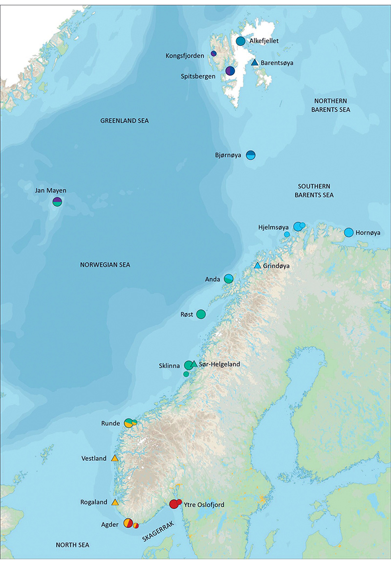 Figure 2.17 The key sites used by the SEAPOP programme. The colours of the symbols indicate the seas the different sites represent: the northern Barents Sea (dark blue), the southern Barents Sea (light blue), the Norwegian Sea (green), the North Sea (orange) and...