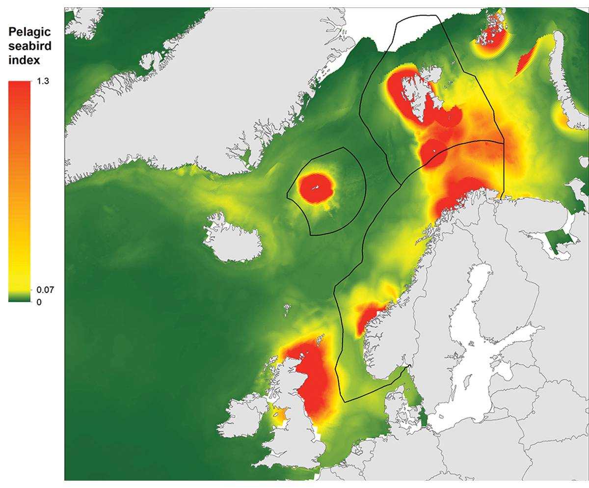 Figure 2.18 Map showing important areas for pelagic seabirds. The figure shows the maximum monthly sum of the share of populations of common guillemot, Brünnich’s guillemot, puffin and kittiwake from Norwegian, Russian and British seabird colonies using differen...