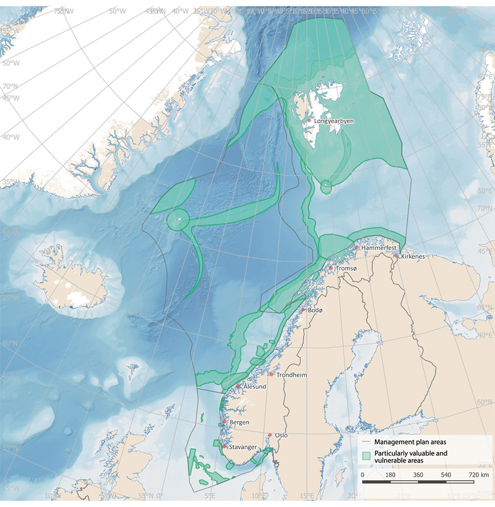 Figure 2.19 Overview of particularly valuable and vulnerable areas in the Norwegian ocean management plan areas.