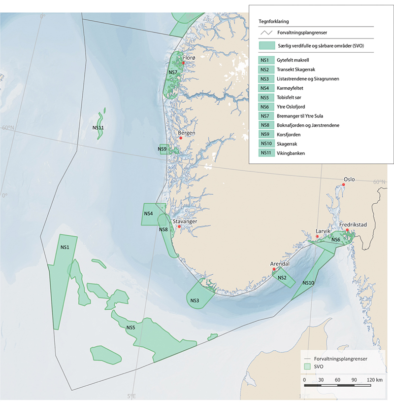 Figur 2.10 Særleg verdifulle og sårbare område i Nordsjøen og Skagerrak.