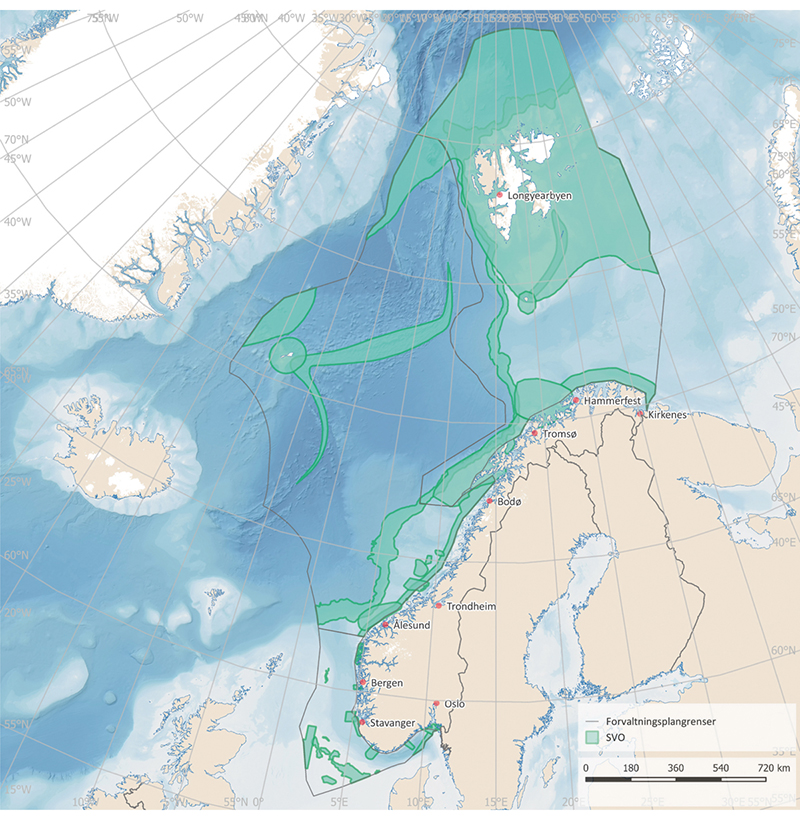 Figur 2.19 Særleg verdifulle og sårbare område (SVO) i dei norske havområda.