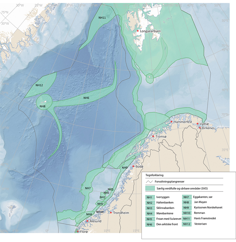Figur 2.7 Særleg verdifulle og sårbare område i Norskehavet.