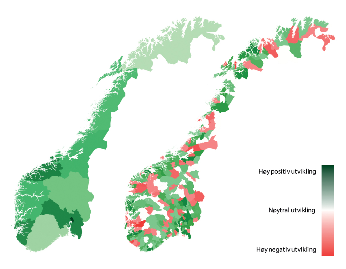 Figur 7.10 Endring i antall drosjer fra 2020 til 2022 per fylke og per kommune