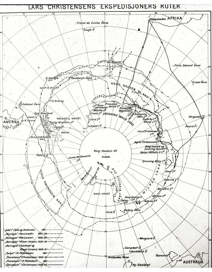 Figure 3.6 Map showing the routes taken by Lars Christensen’s expeditions.