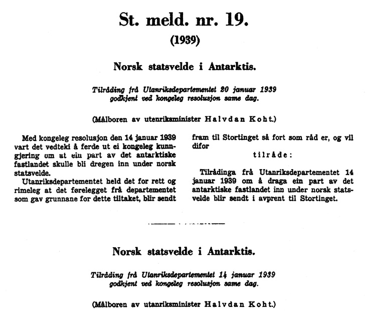 Figure 3.9 Facsimile, excerpt from Report No. 19 (1939) to the Storting, presented by Minister of Foreign Affairs Halvdan Koht.