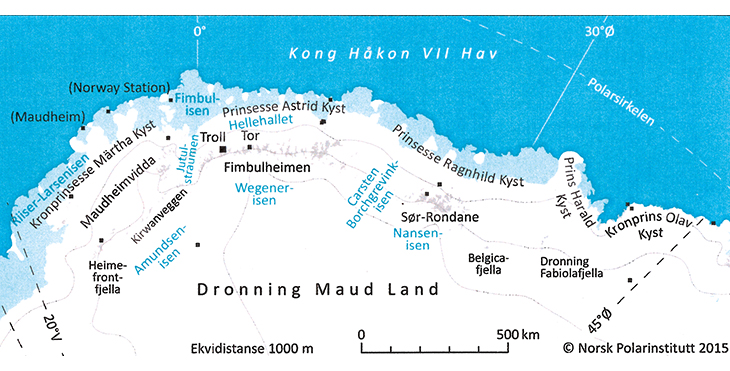 Figure 5.1 Map of the northern part of Dronning Maud Land. New Norwegian («nynorsk»), one of Norway’s official written languages, is consistently used for place names in the Norwegian polar territories.